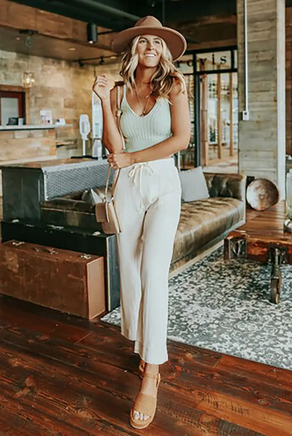 Adjustable Waist Khaki Wide Leg Trousers
