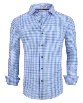 Alex Vando Mens Button Down Shirts Wrinkle Free 4-Way Stretch Print Business Casual Shirt,Blue Plaid,L