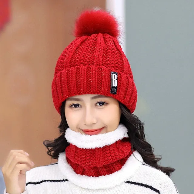 Brand Winter knitted Beanies Hats Women Thick Warm Beanie Skullies Hat Female knit Letter Bonnet Beanie Caps Outdoor Riding Sets