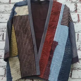 Brick Brown Kantha Kimono Jacket | Patch Style | Hand-Crafted | Kantha Embroidery