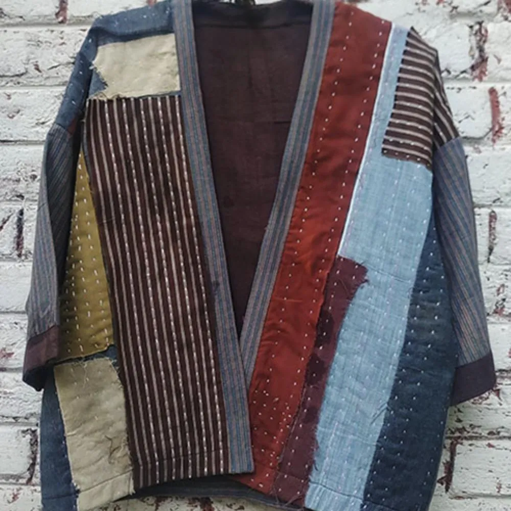 Brick Brown Kantha Kimono Jacket | Patch Style | Hand-Crafted | Kantha Embroidery