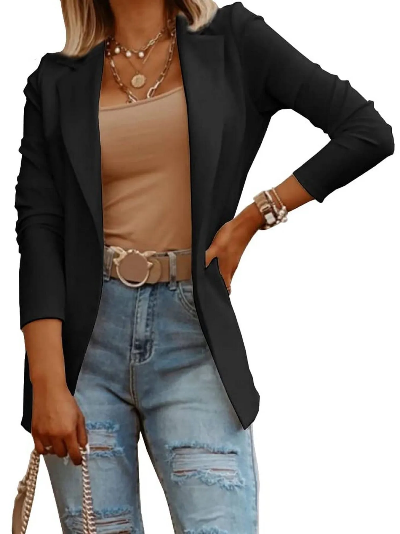 Casual Long Sleeve Solid Color Knit Suit Work Office Front Open Blazer