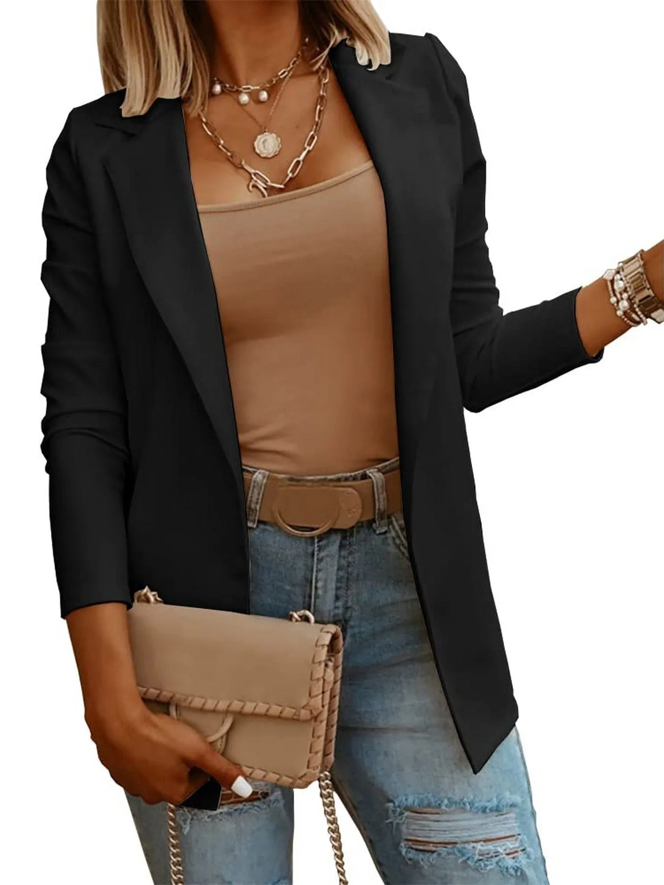Casual Long Sleeve Solid Color Knit Suit Work Office Front Open Blazer
