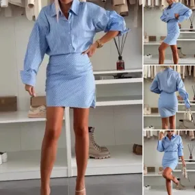 Lapel Long Sleeve Striped Shirt Dress