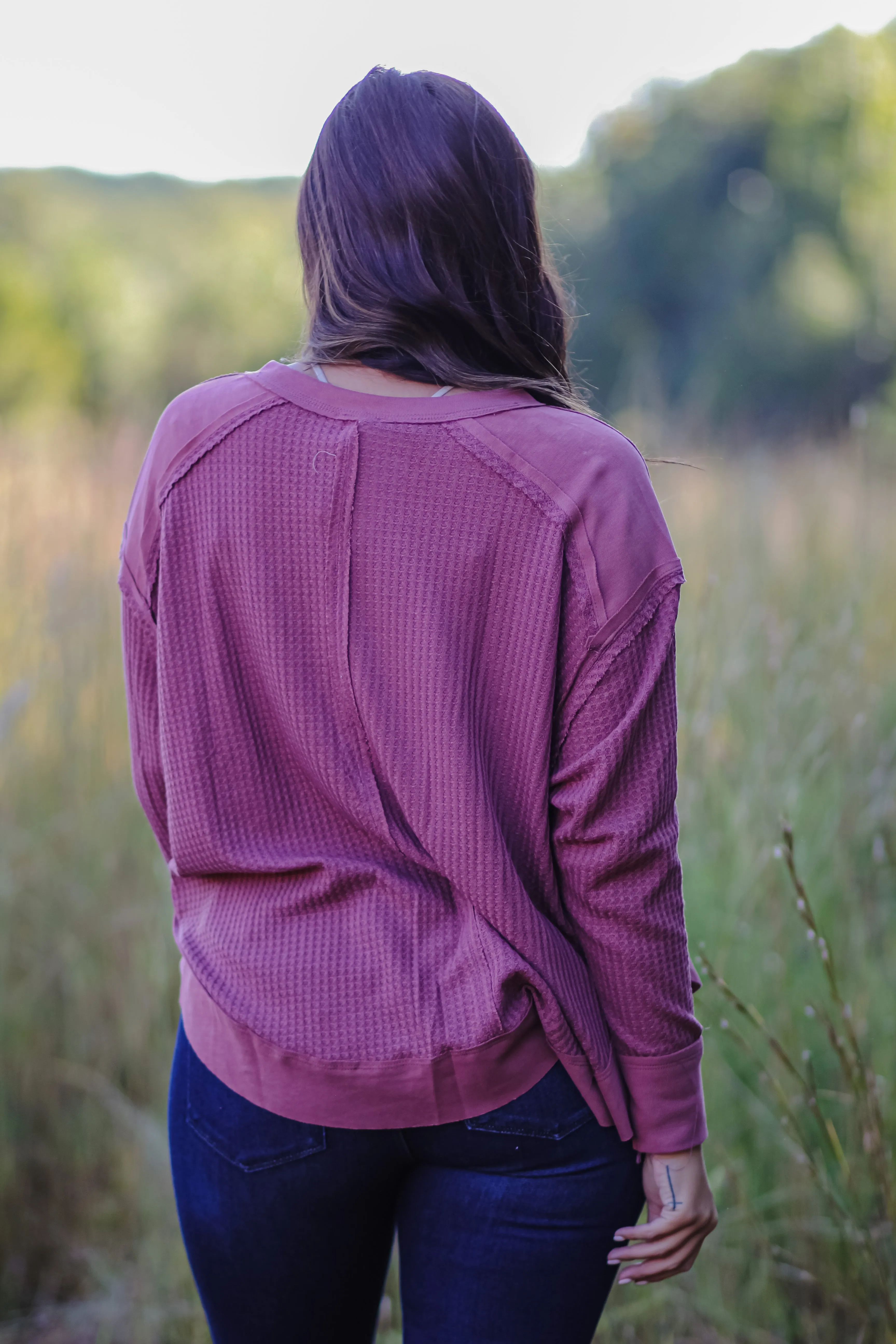 Mauve Waffle Knit Contrast Stitch Long Sleeve Top