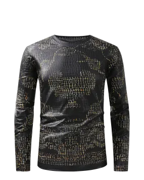 Men PREMIERE SLIM FIT Long Sleeve T SHIRT BLACK GOLD CHAIN CROCODILE REPTILE SKIN PRINT Designer Shirt