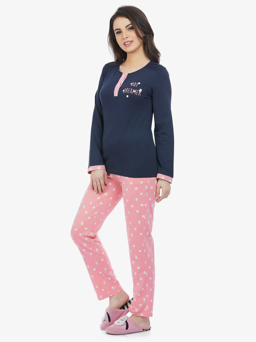 Navy Full Sleeve T-shirt  & Pink Pyjama Set