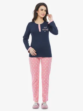 Navy Full Sleeve T-shirt  & Pink Pyjama Set