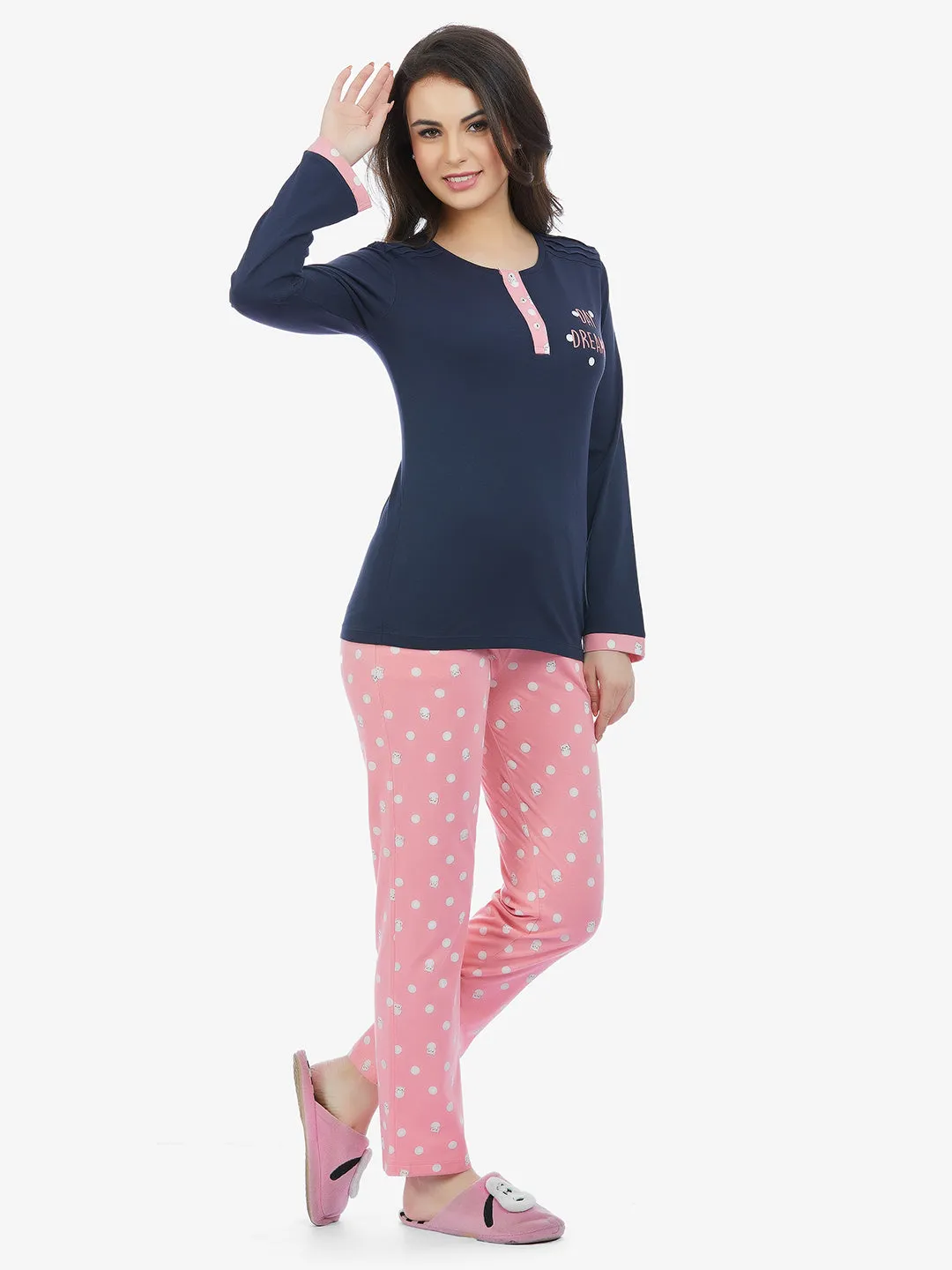 Navy Full Sleeve T-shirt  & Pink Pyjama Set