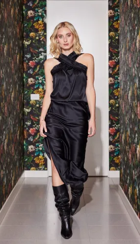 Silk Slit Skirt in Black