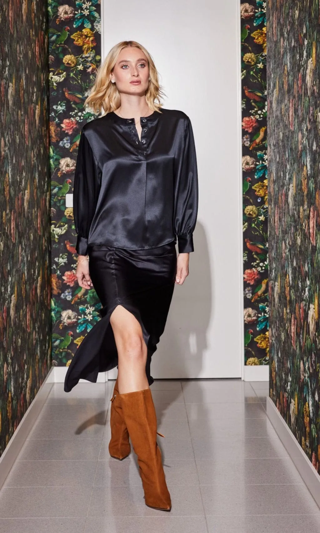 Silk Slit Skirt in Black