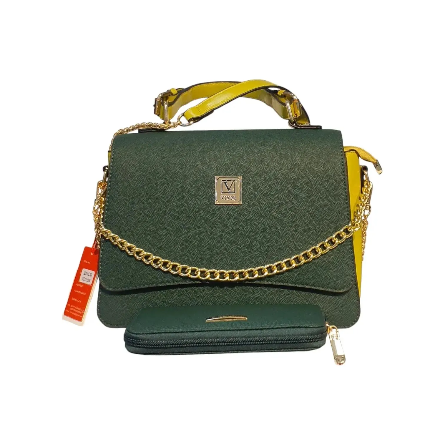 VIVQ Structured Handbag with Gold Chain Accent and Matching Wallet